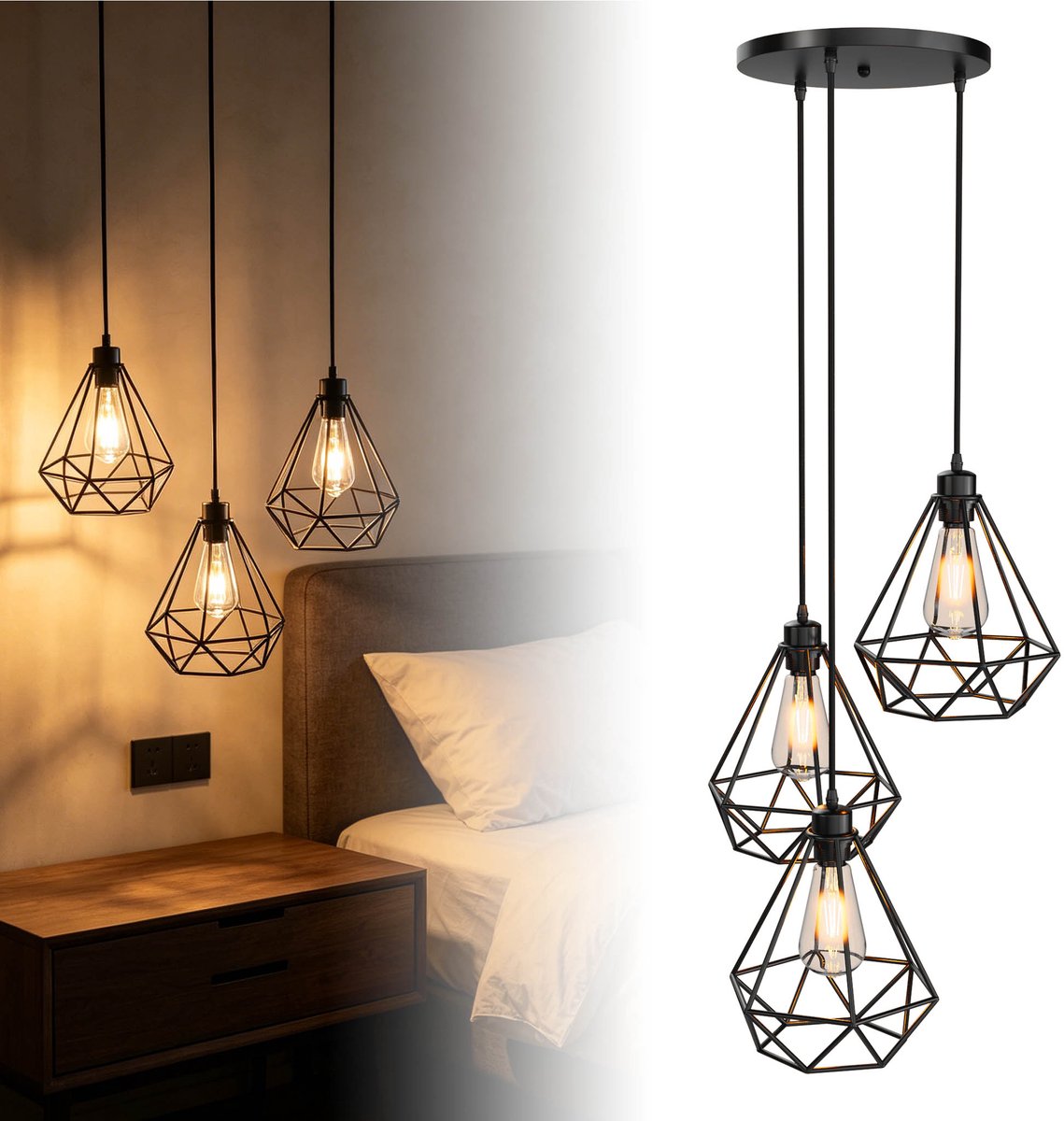 Hanglamp 3-Lichts E27 met Warm Wit Licht - Vintage Pendellamp van Metaal Mat Zwart - in Hoogte Verstelbaar voor Woonkamer Eettafel Keuken - Inclusief 3 ST64 Edison Lampen - Ronde Basisplaat - NAIZY