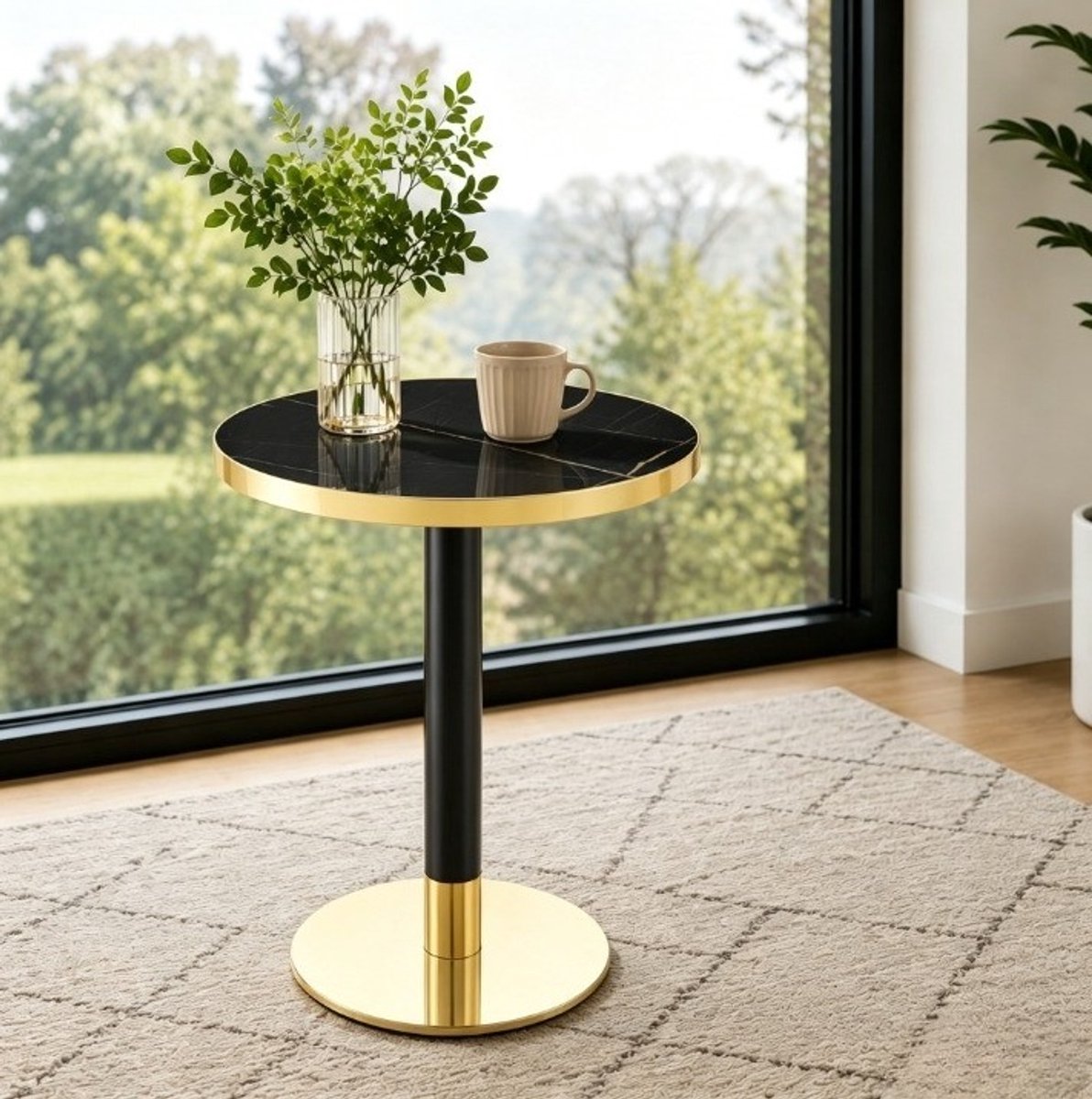 OKWISH Bijzettafel - Rond Marmerlook Tafelblad Met Gouden Rand - Voor Woonkamer Slaapkamer Of Balkon - MDF En Metaal Zwart - 60 x 73,7 cm