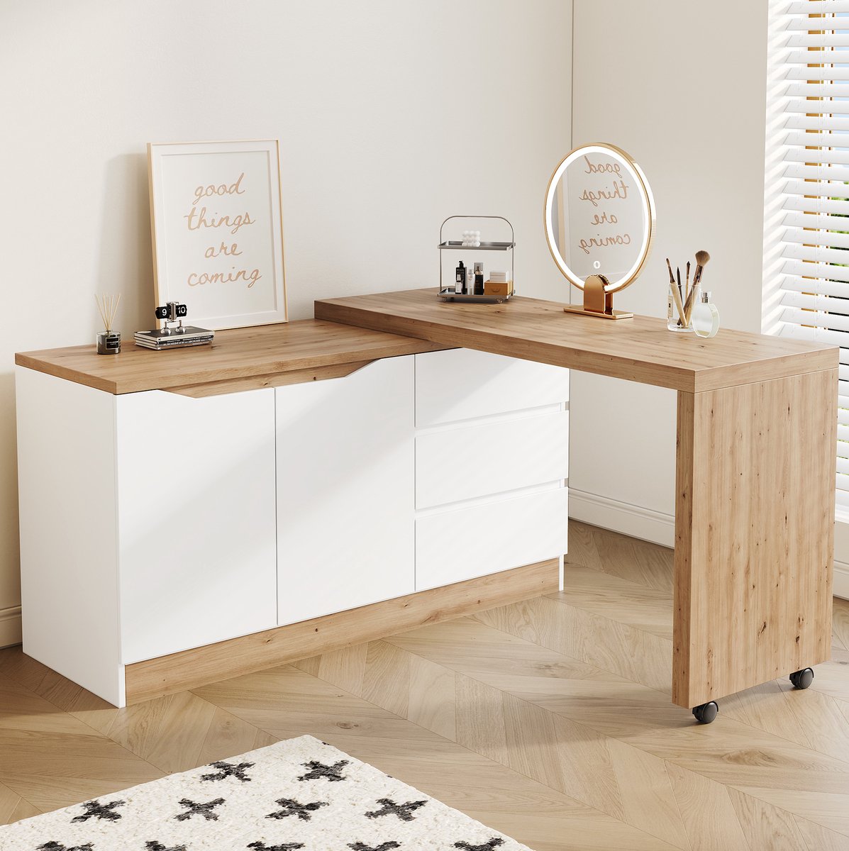 OKWISH Bureau - Draaibaar En Klapbaar Hoekbureau Met Wielen En Rem - 2 Deuren 3 Lades Opbergruimte - Wit Eikenlook - 120 x 50 x 78 cm