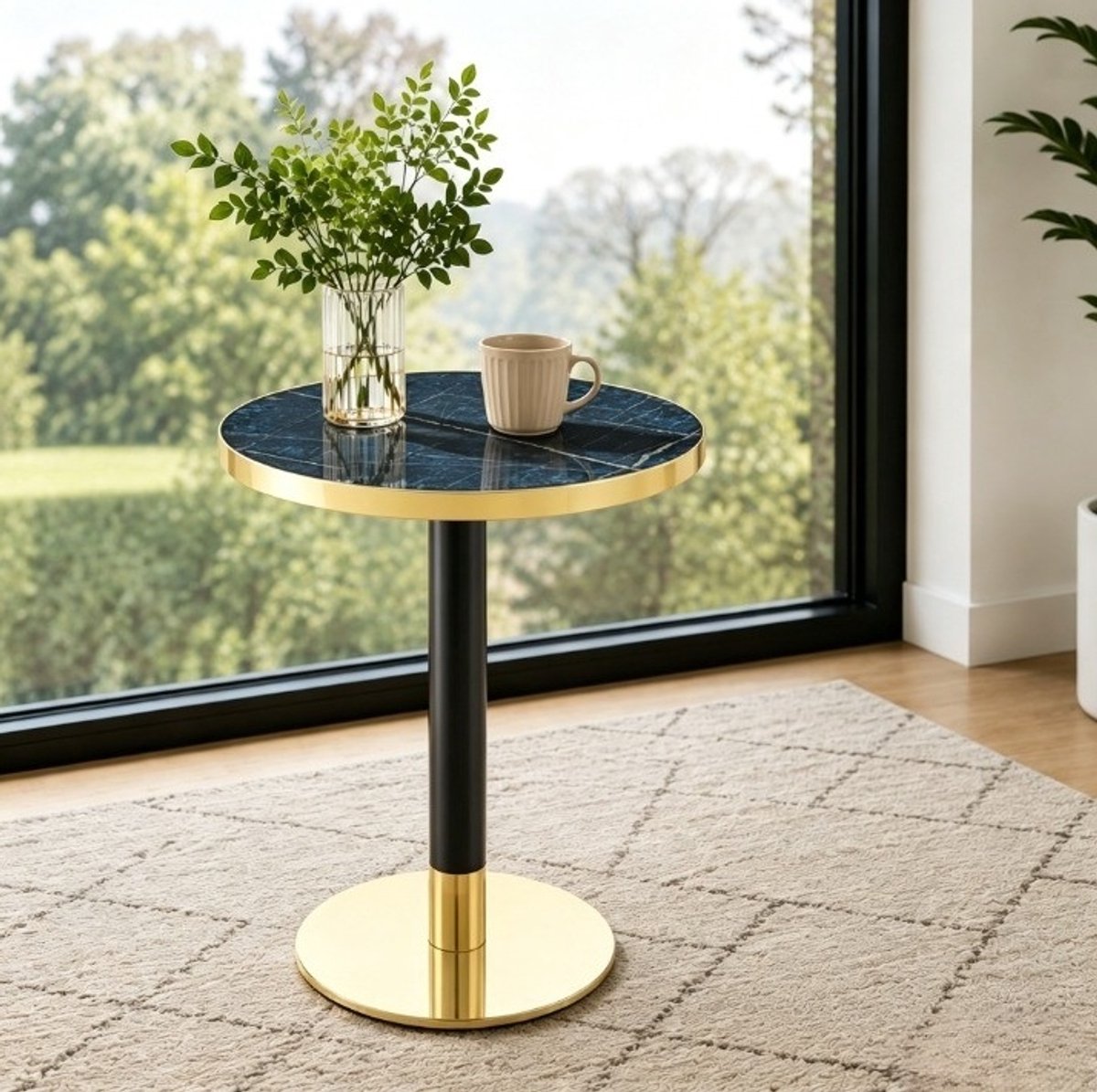 OKWISH Bijzettafel - Ronde Tafel Met Blauwe Marmerlook En Gouden Rand - Voor Woonkamer Slaapkamer Of Balkon - MDF Metaal - 60 x 60 x 74 cm