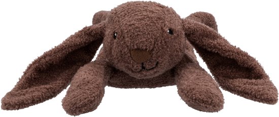 Bruine pluche konijnenknuffel met lange, wijd uitgespreide oren en platte poten.