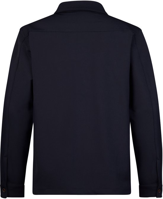Achterkant van donkerblauw herenjack met ritssluiting, opstaande kraag.