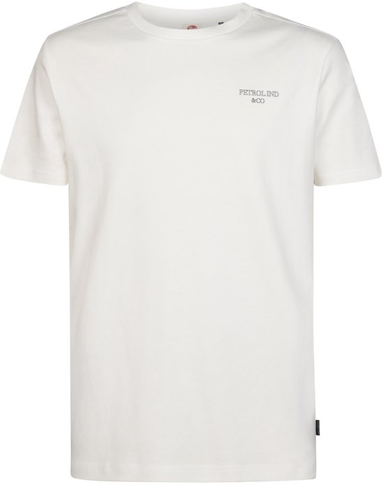 Wit T-shirt met korte mouwen, met een kleine tekstprint op de borst en een label aan de onderkant.