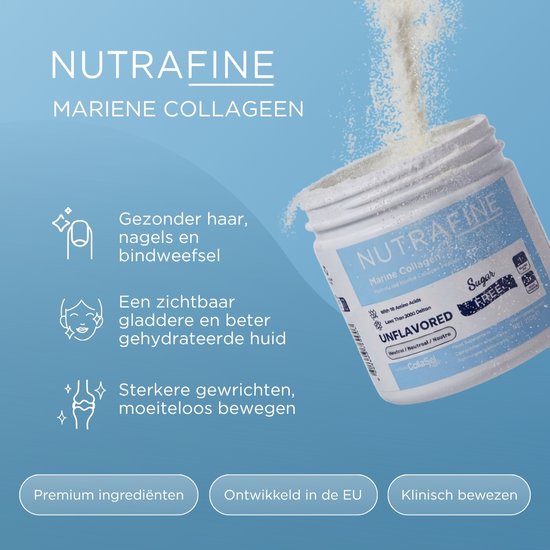 Nutrafine Mariene Collageen poeder, met tekst over gezonder haar, nagels, bindweefsel, gladdere huid en sterkere gewrichten.