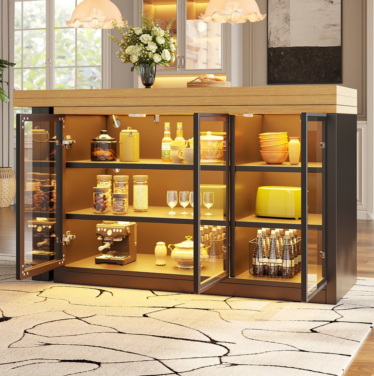 OKWISH Eettafel - Uitschuifbaar En 360 Graden Draaibaar - 120-197 x 40 x 72 cm - Met Opbergkast En Glazen Deuren - MDF Glas Zwart