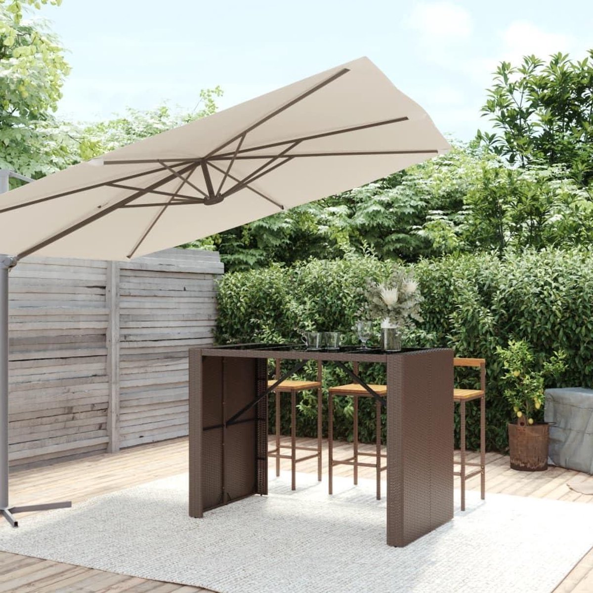 Bartafel met glasplaat - Statafel Bistro - Buiten Zitten - Weerbestendig PE-rotan - 145 x 80 x 110 cm - Bruin