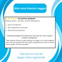 Achtergrond van veelkleurige waterparels met klantbeoordeling 'Het perfecte speelgoed!' en tekst over retourgarantie.