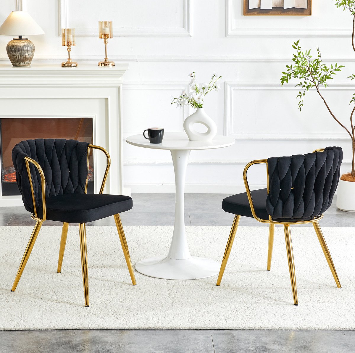 FloraGrace Eetkamerstoel 58 x 43 x 76 Cm – Ergonomisch Met Geweven Rugleuning – Voor Eetkamer Woonkamer Of Café – Velvet Metaal – Zwart Goud