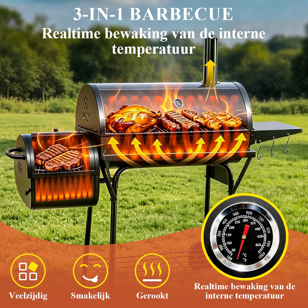 Houtskool BBQ XXL - Houtskool Grill met Offset Smoker - BBQ-grill met Zijtafel - Buiten Koken - Kamperen en Picknicken in de Tuin - Terras en Feestjes - Smoker Barbecue Zwart thumbnail 6