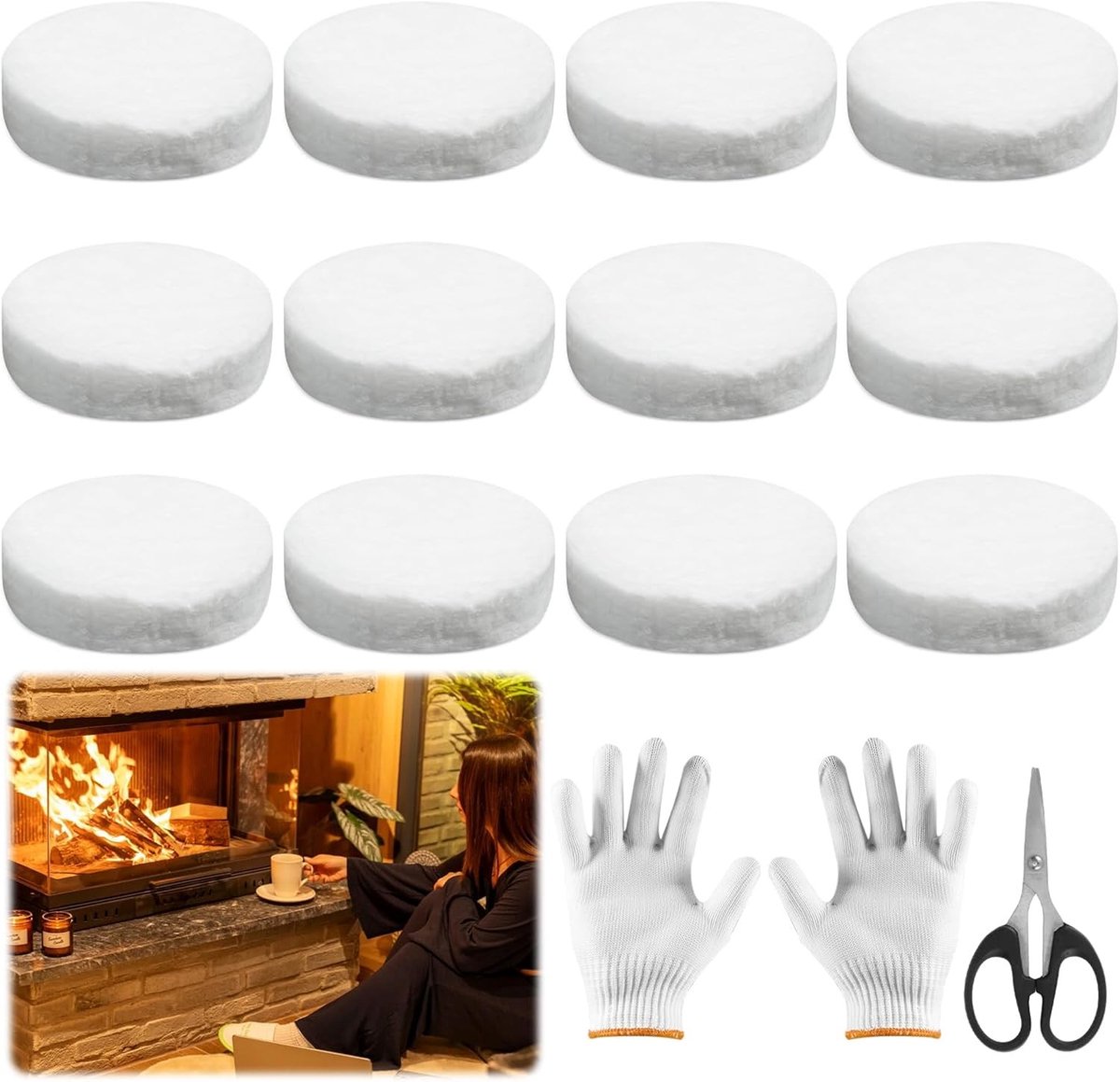 12 Stuks Ceramisch Wol voor Bio-ethanol, Ronde Haard Ceramische Spons met Schaar en Handschoenen, Vuurvaste Isolatie voor Bio-ethanol Kachels