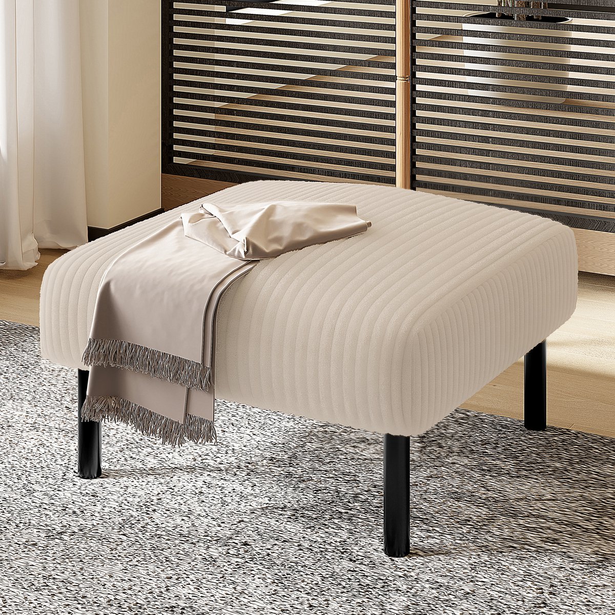 HAUSS SPOLE Voetenbankje - Gestoffeerde Hocker - Zacht Cordstof Met Metalen Frame - Als Voetbank, Poef En Bijzettafel - Beige
