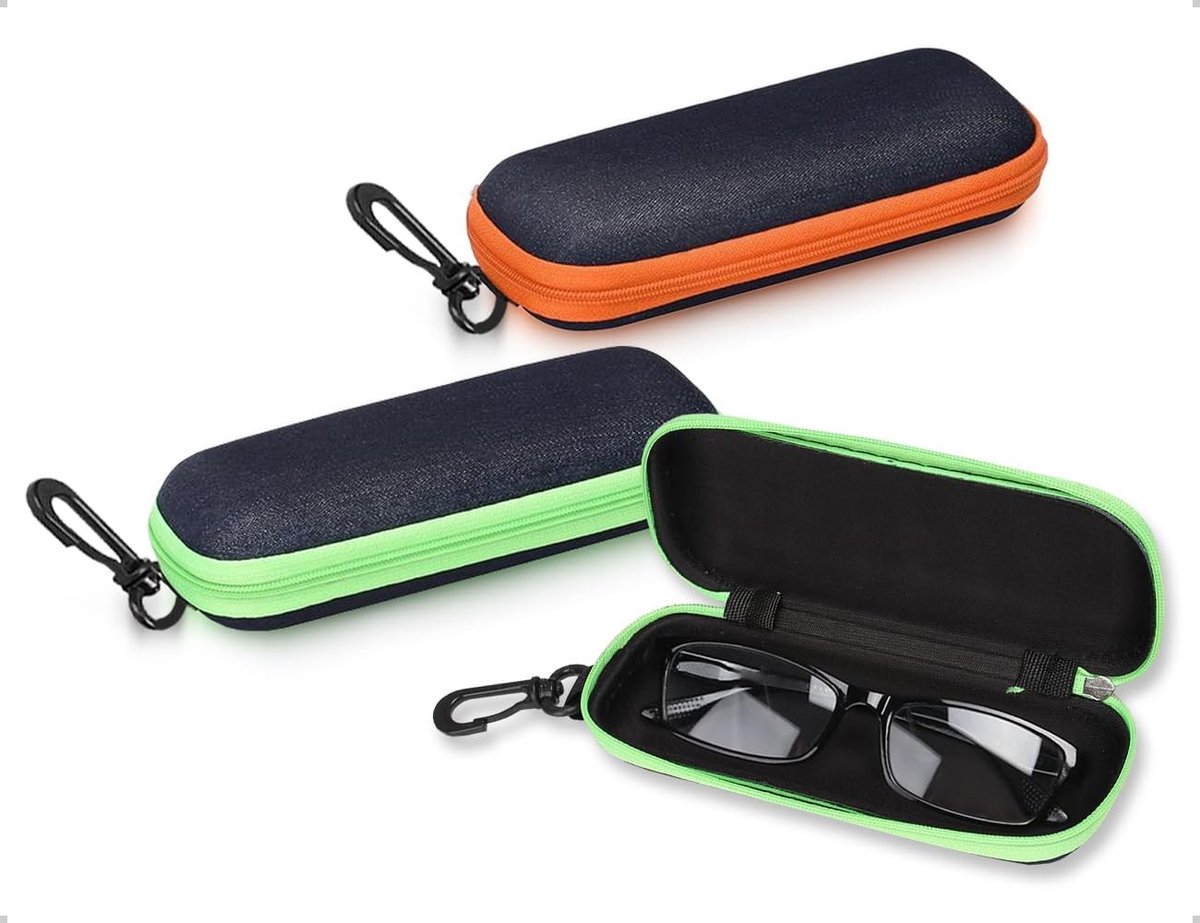Harde brillenkokers van denimstof met ritssluiting, modieus en draagbaar voor dagelijks gebruik en reizen, set van 2 (groen en oranje)