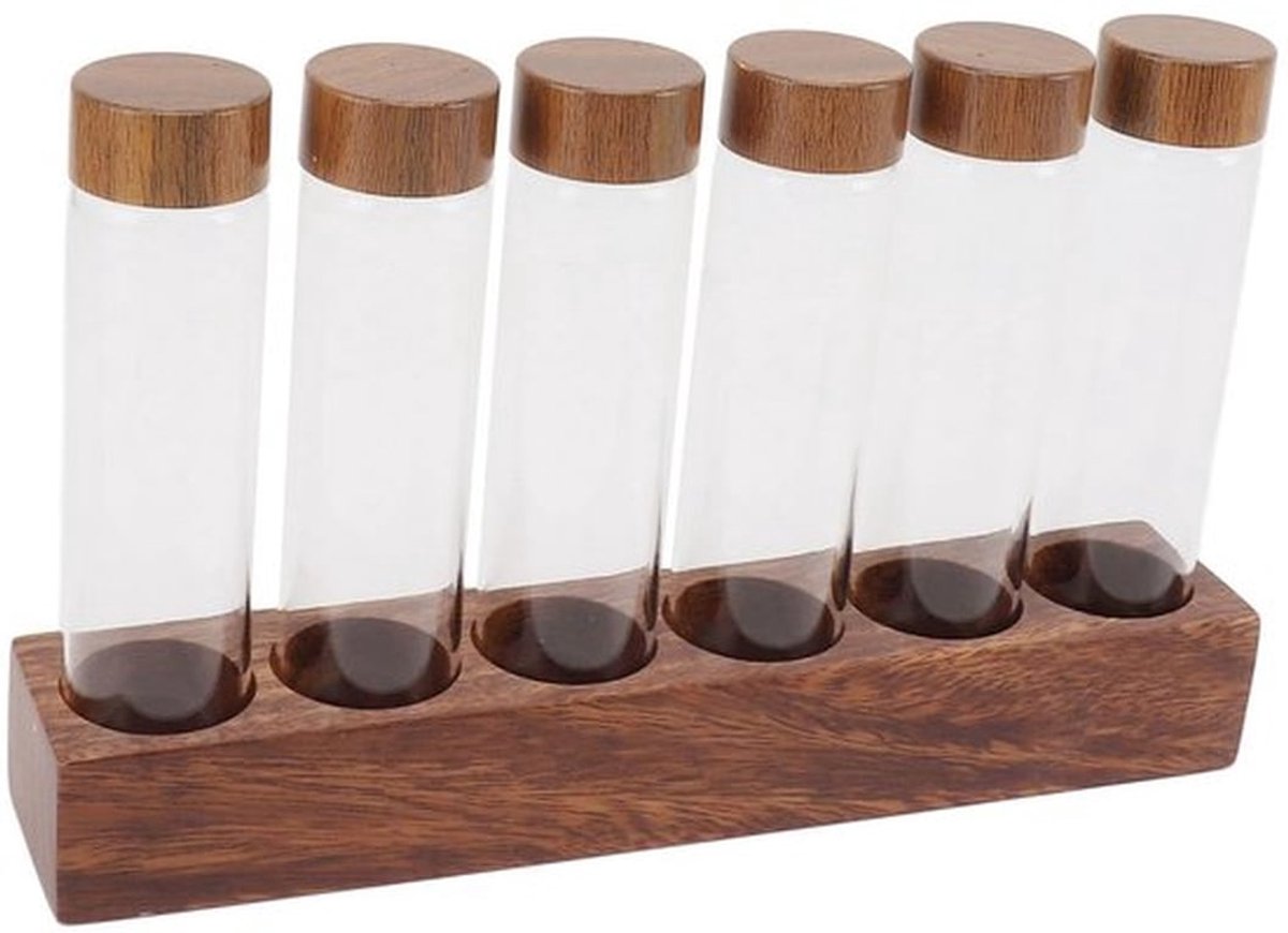 Opslagtubes voor Koffiebonen Enkelvoudige Portie, 6PCS of 12PCS Koffiebonen Kelder, dispenser glazen vials met deksels, houten displaystand en trechter, luchtdicht afgesloten glazen