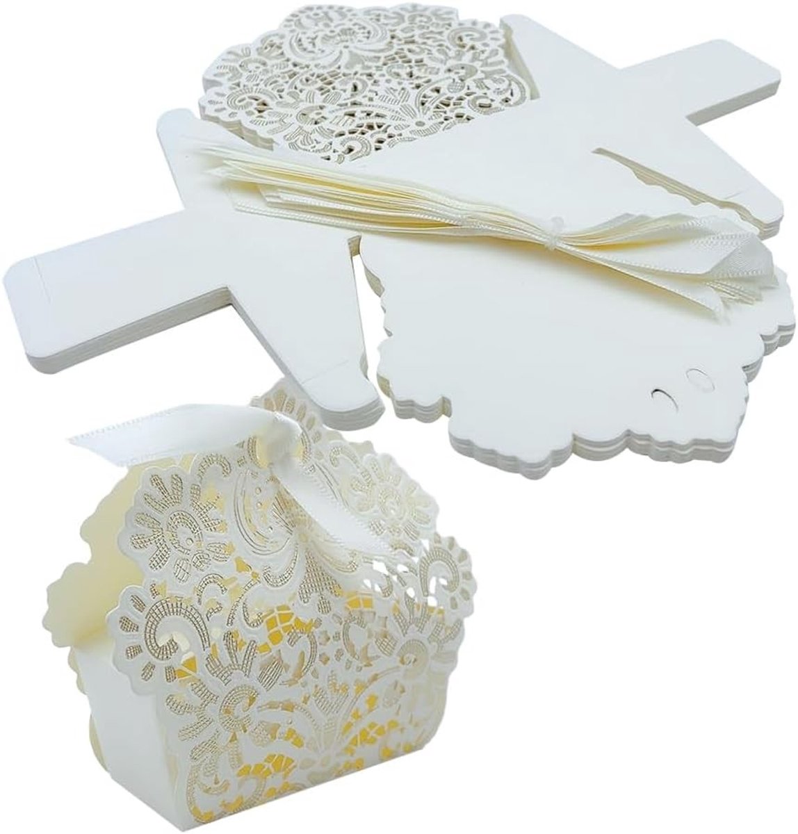 25 Stuks Trouwen Snoepdozen met Strik, Vouwbare Papieren Dozen voor Bruiloft, Doop en Communie (Geel)