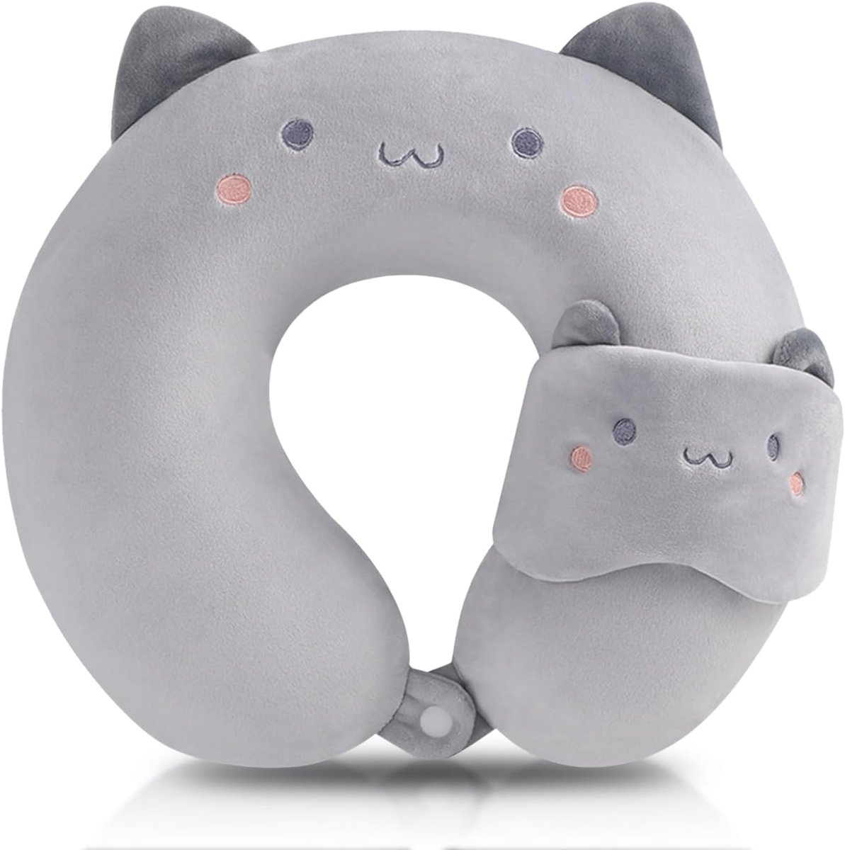 U-vormig kussen - U-vormig reiskussen - Comfortabel nekkussen - Decoratief kussen - Reiskussen voor kinderen - Zacht - Nekkussen met cartoon dierenprint - Draagbaar - Gemakkelijk schoon te maken - Met oogmasker - Grijs