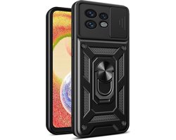 Geschikt voor Motorola Edge 40 Pro Hoesje met Camera Slider en Kickstand Ring Zwart