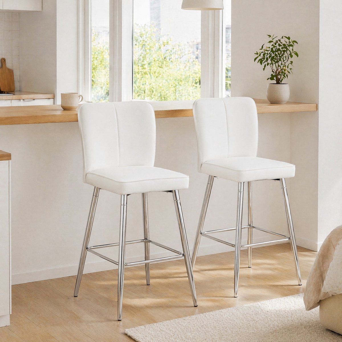 DESMIU Barkruk 101 Cm - Set Van 2 Met Ergonomische Rugleuning En Voetsteun - Voor Bar En Keukeneiland - Kunstleer En Metaal - Wit Zilver