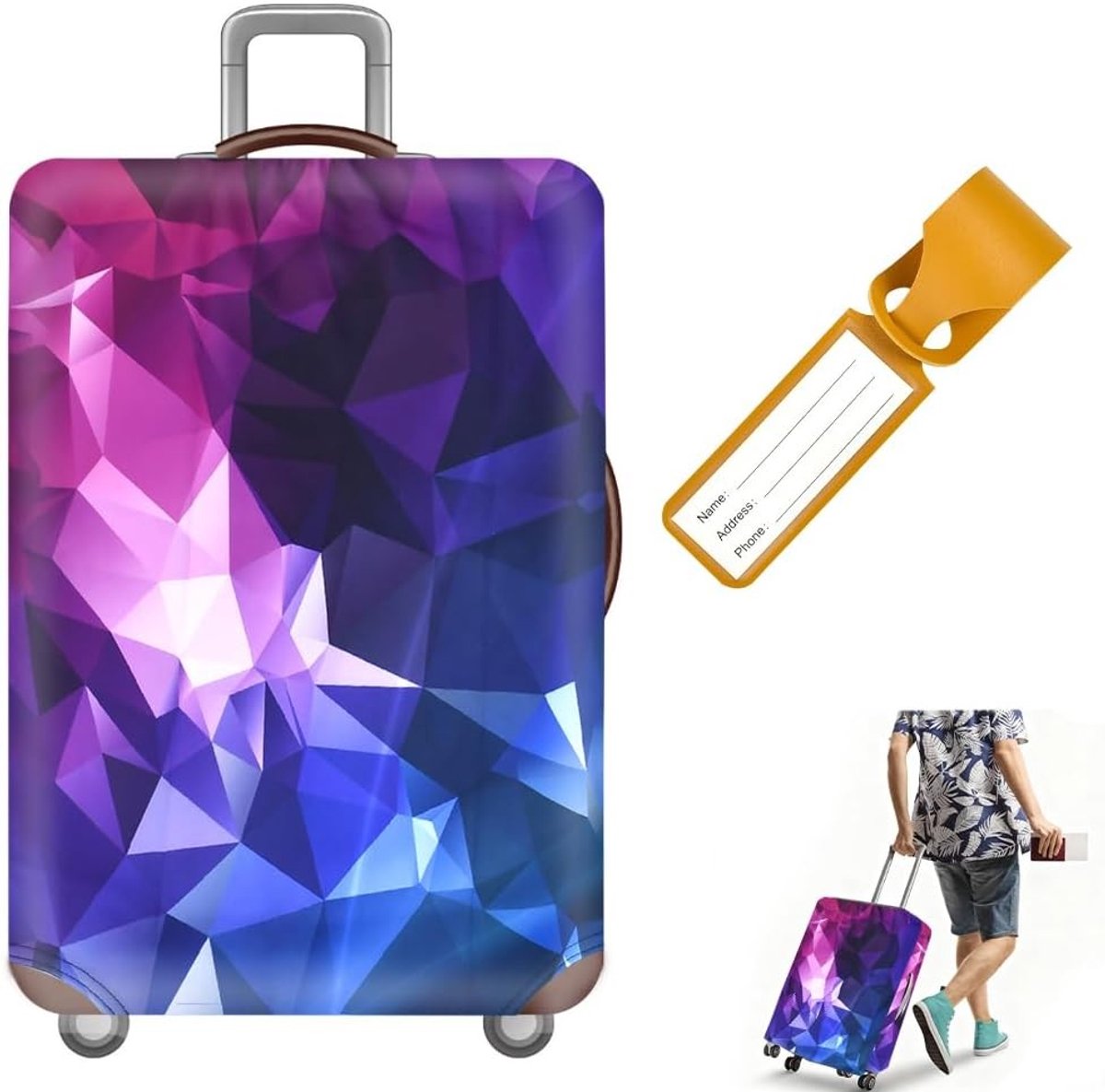 Elastische Beschermhoes voor Koffers, Luggage Protection, Kofferbescherming, Kofferlabel, Geel voor Koffers van 45 tot 51 cm