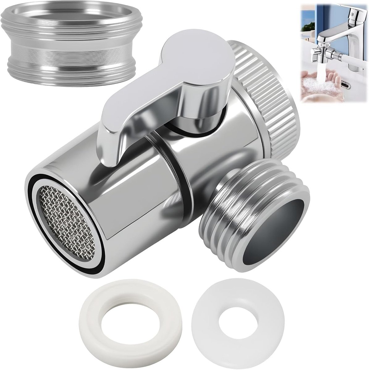 Keuken- en badkamerarmatuur diverter van messing met verchroomde afwerking, draaibare moer en adapter M22 M24 voor standaard doucheslang, ideaal voor optimale waterstroom