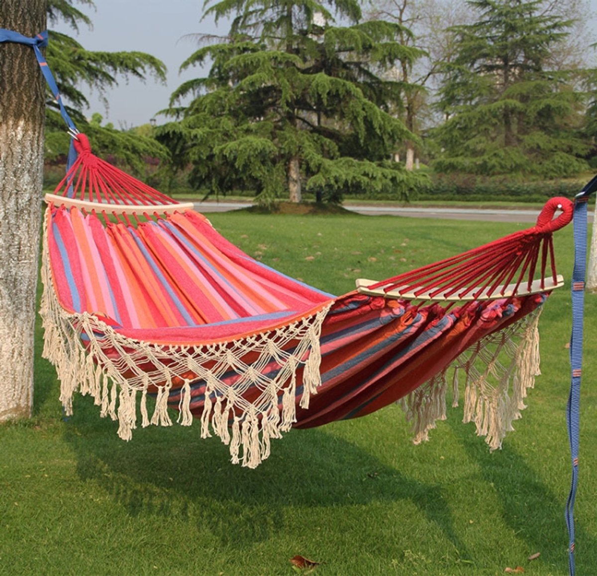 200x150 cm Double Outdoor Camping Tassel Canvas Hangmat met stick (roze strepen)
