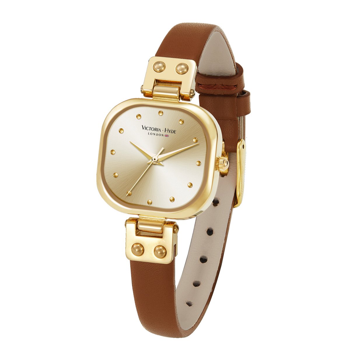 Victoria Hyde “Rock ”- Dames Horloge met Leren Band - Polshorloge - Analoog - In Lengte Verstelbaar - Cadeau voor Vrouw - Quartz uurwerk - Goudkleurig - 3ATM - Bruin
