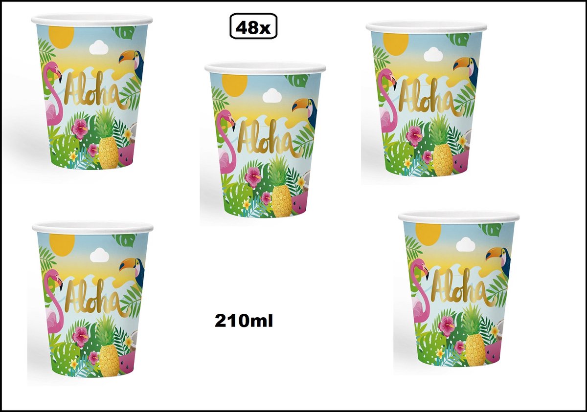 48x Beker Aloha 210ml karton - Diner drinken knoeien restaurant Tropical Hawai party BBQ thema feest verjaardag feest