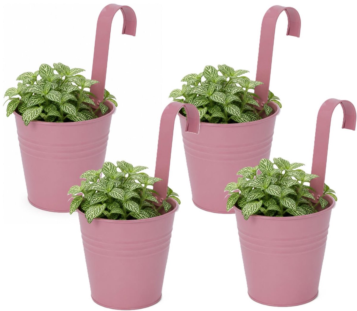 Progarden Bloempotje met haak - 4x - plantenbak zink met ophanghaak - roze - 20 x 13 x 26 cm - ophangbaar- Balkon/schutting plantenpot