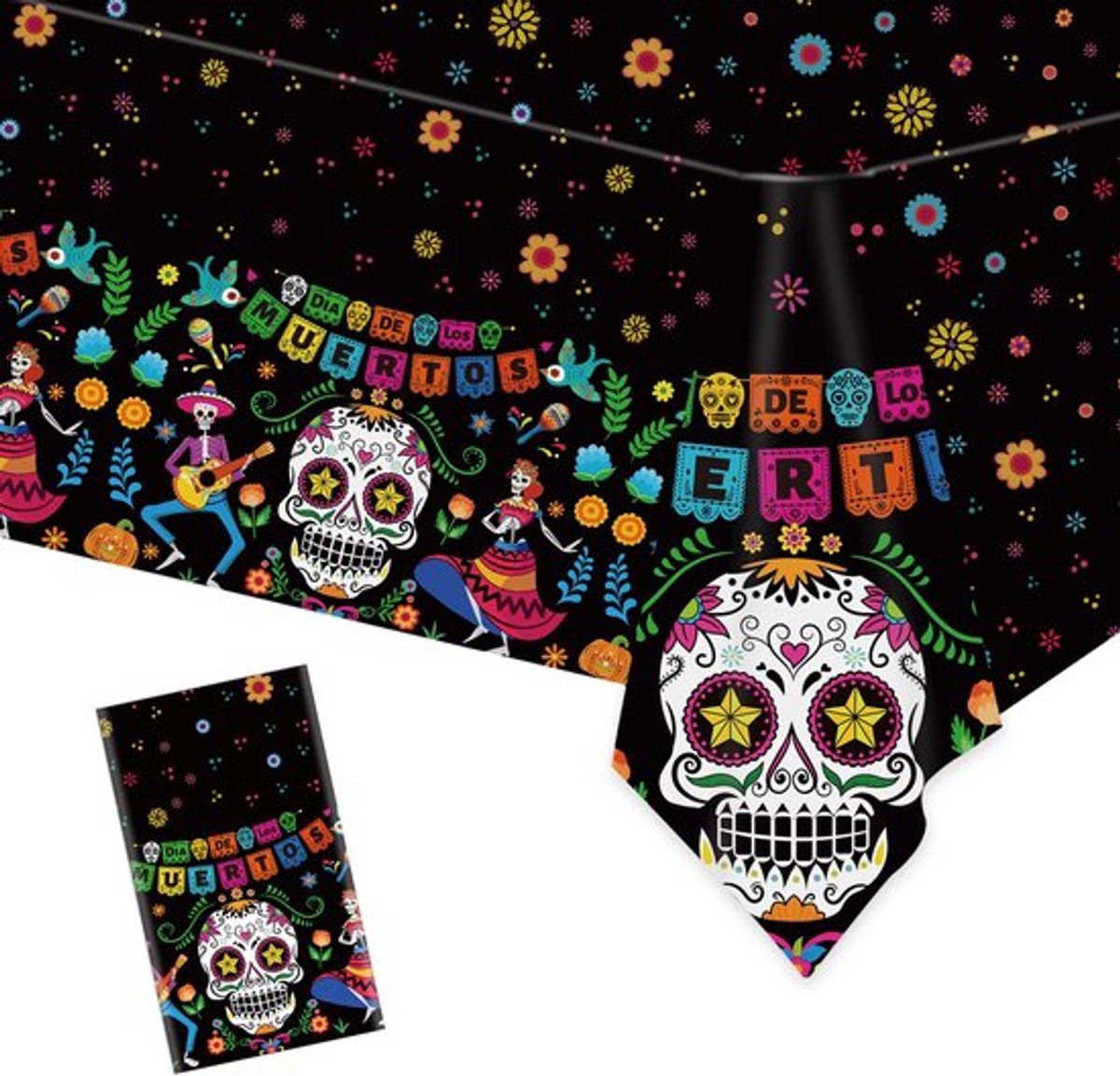 Suiker schedel tafelkleed dag van de doden decoraties Dia De Los Muertos Tafelhoezen Plastic Halloween Dag van de Doden Tafel Woondecoraties Benodigdheden Mexicaanse partij Cinco de Mayo, 9 * 4ft