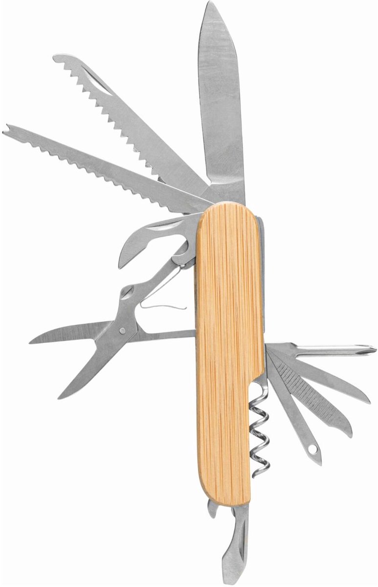 Bellatio Design Multifunctioneel zakmes - naturel - 11 functies - 9 cm - bamboe/metaal - Zwitsers hobby en outdoor zakmes - gereedschap tool
