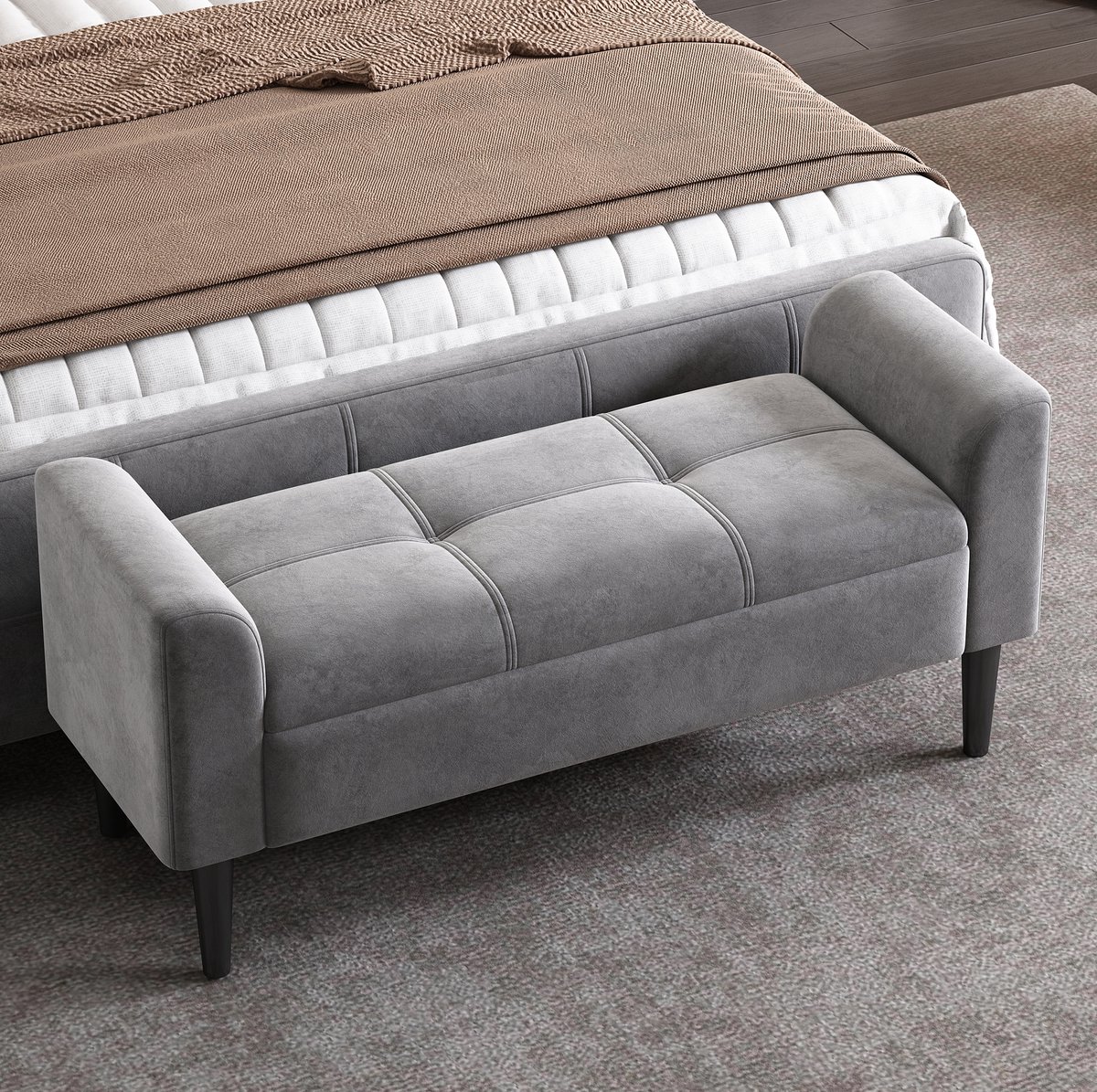 MIVRAY Bedbank 116 x 44 x 56 cm - Met Armleuningen En Steppatroon - Voor Slaapkamer En Eetkamer - Fluweel En MDF - Grijs