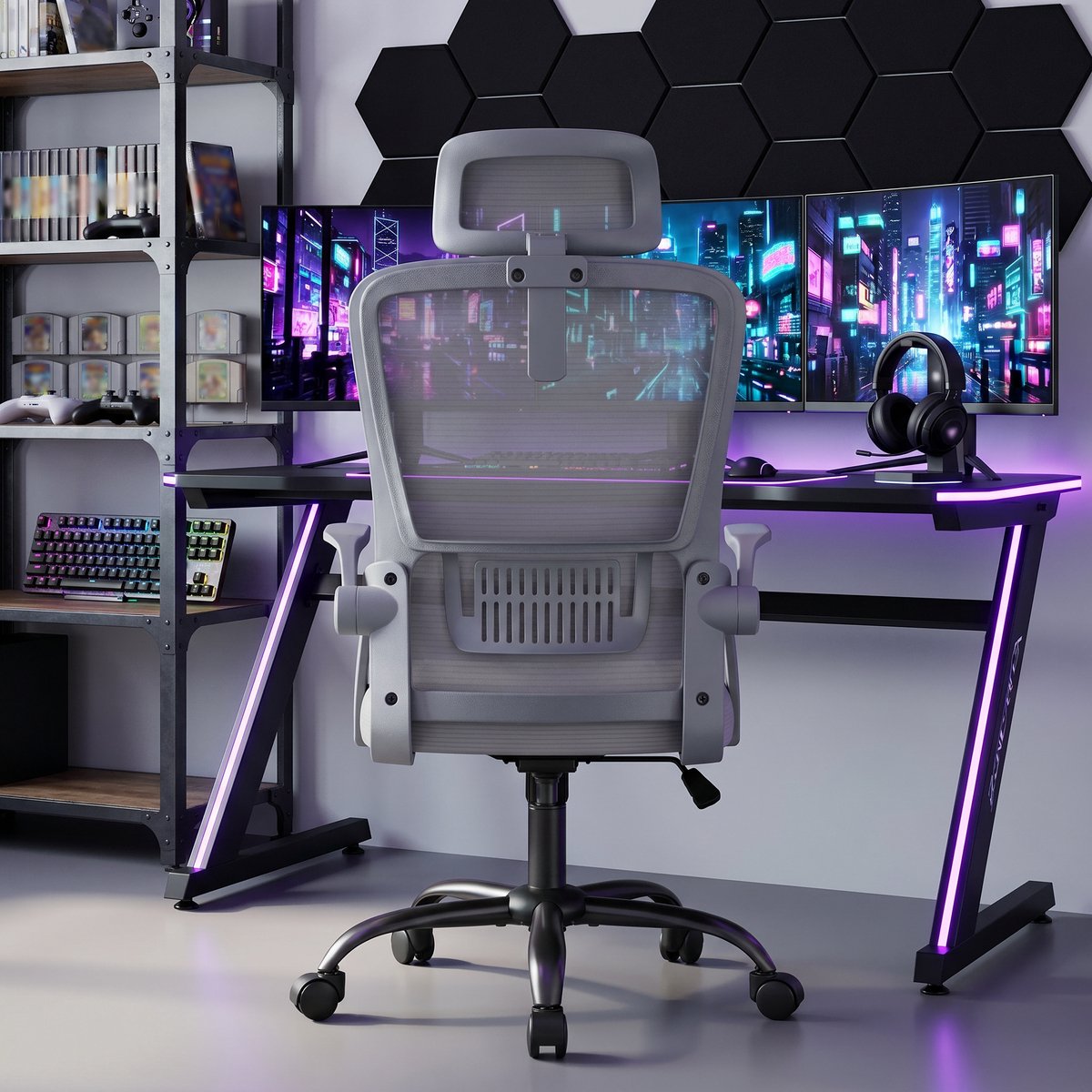Froadp Bureaustoel grijs, ergonomische bureaustoel, 4D-hoofdsteun, hoogteverstelling, kantelfunctie, thuiskantoor & kantoor, tot 120 kg