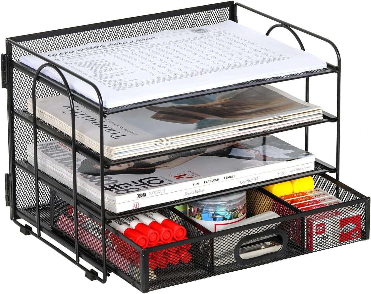 4 Compartimenten A4 Metalen Bureau Organizer voor Documenten, Tijdschriften en Kantoorbenodigdheden - Zwart