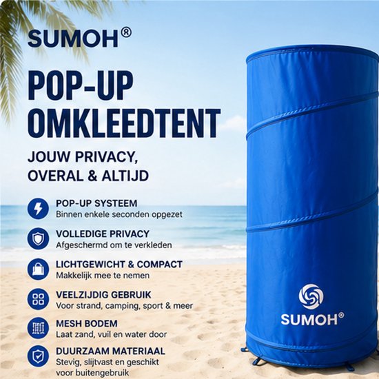 Blauwe SUMOH pop-up omkleedtent op het strand, met tekst over privacy, lichtgewicht en mesh bodem.