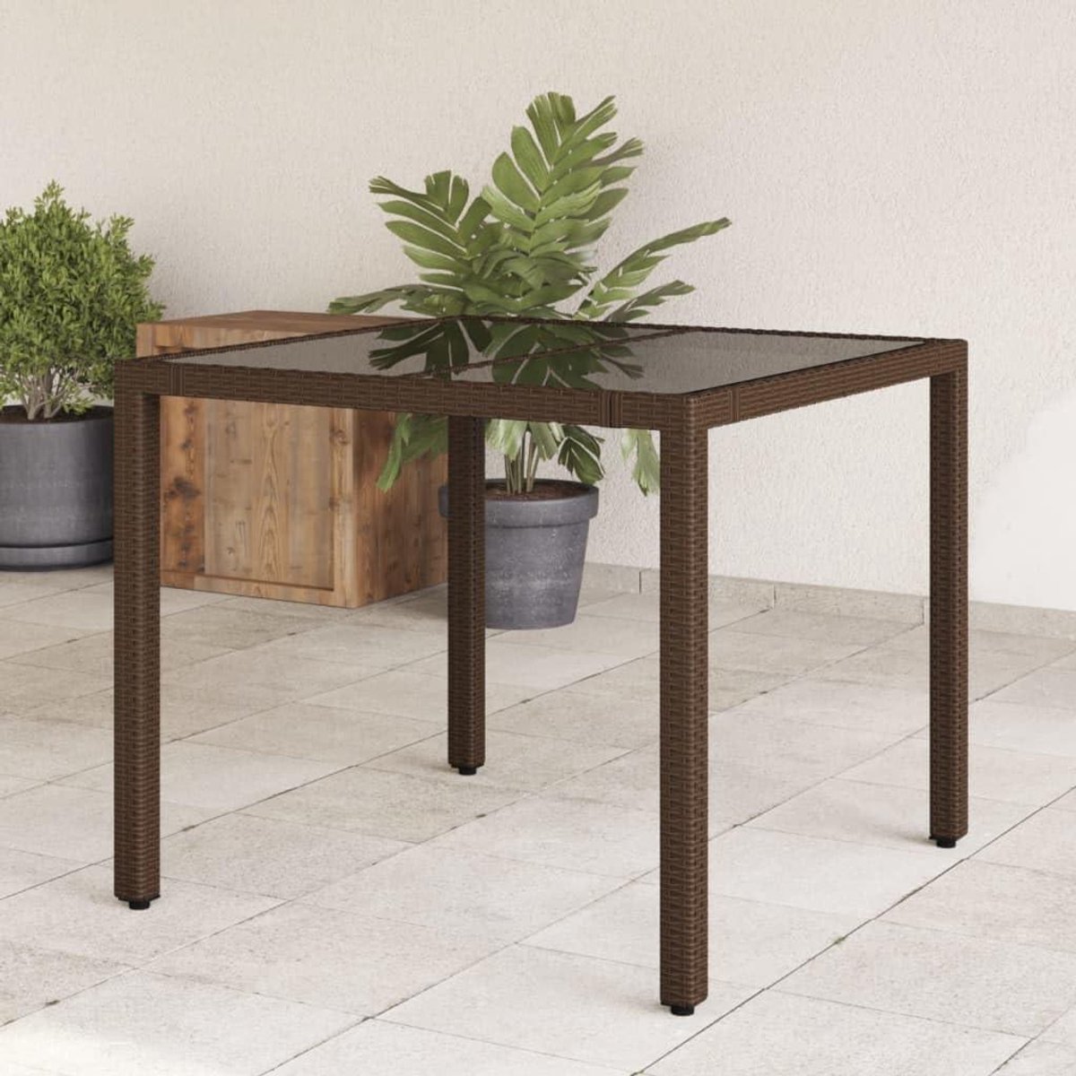 Tuintafel met glasplaat - Outdoor tafel - Terras inrichten - Weerbestendig materiaal - 90 x 90 x 75 cm - Bruin