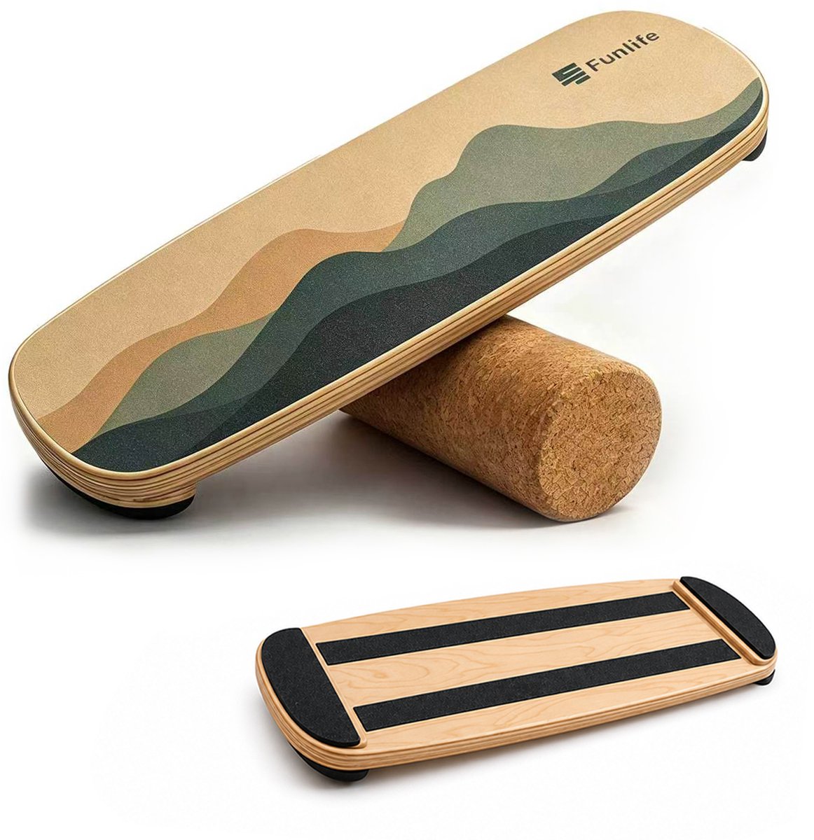 Funlife ALPINE Balansbord met Roller - Houten Balance Board van Berkenhout - Antislip Core Trainer tot 150 kg - Inclusief Kurkrol - Groen Berg Design