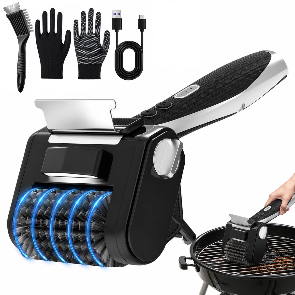 MUPOO BBQ-borstel Elektrisch - Draadloze BBQ-borstel met LED Licht en Schraper - 4000mAh Accu-450RPM & 304 RVS Borstelkop, Vaatwasserbestendig - BBQ-reiniger voor Grillroosters, Gasbarbecue en Houtskoolbarbecue