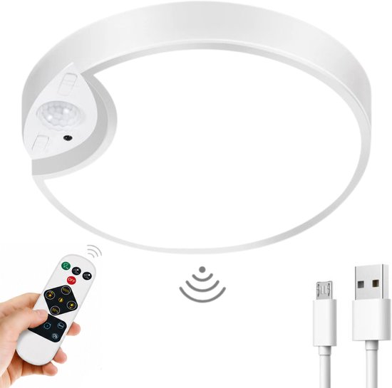 Witte ronde plafondlamp met bewegingssensor, afstandsbediening en USB-kabel.