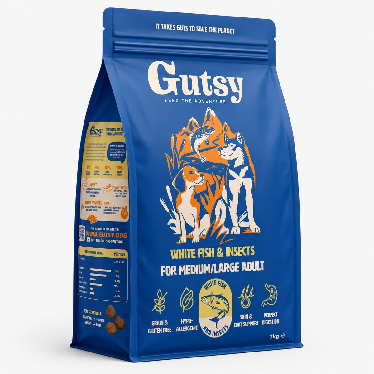 Gutsy White Fish Medium/Large Adult - Hondenvoeding - 2kg - Hypoallergeen & Graanvrij Hondenvoer - Natuurlijk - Duurzaam & Gezond Hondenbrokjes