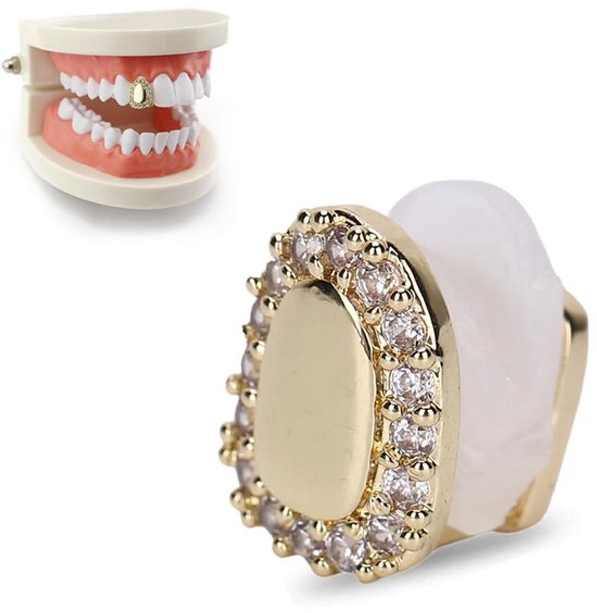 Enkele tand bling tanden, tand accessoire decoratie voor Halloween feest hiphop show, rapper kostuum tand sieraden en accessoires (enkele deur diamant goud)