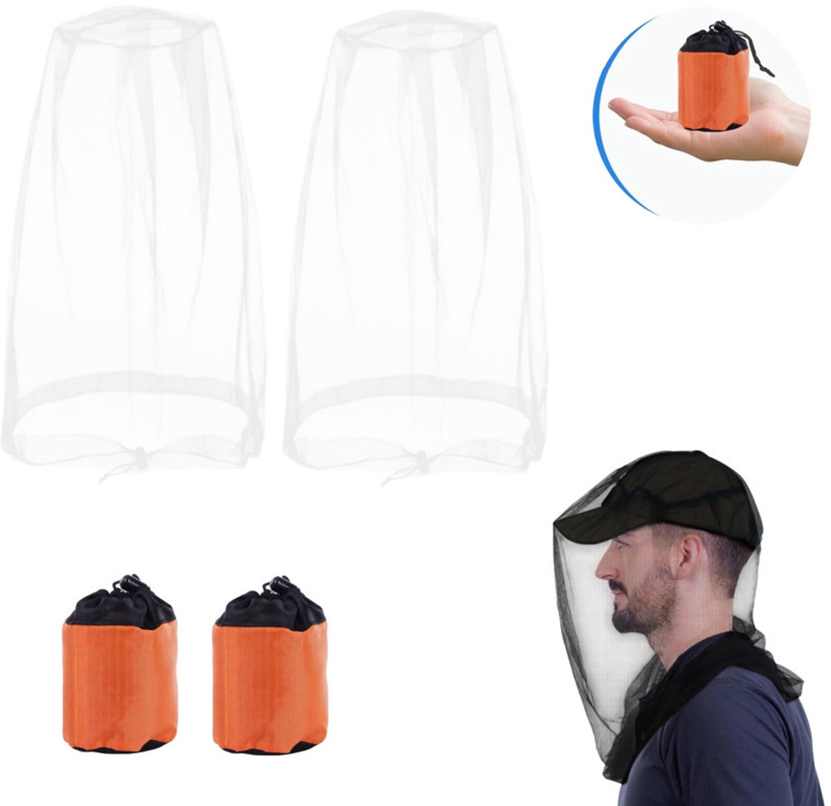 Anti-muggenhoofdnet (set van 2) – Muggenwerend hoofdnet voor de zomer / Insectenwerende gezichtssluier – Gaasnet voor kamperen, wandelen, vissen en tuinieren – Extra groot en extra lang – Ultrafijn gaas – 53 x 66 cm