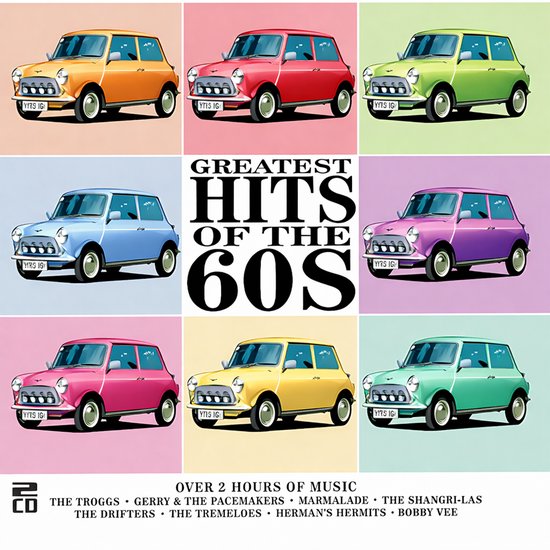 Hoes van de cd 'Greatest Hits of the 60s', met 8 Mini Coopers in verschillende kleuren.