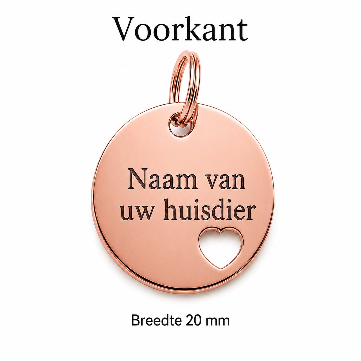 Gepersonaliseerde Hondenpenning Rond met Hartje - Kattenpenning / Huisdierpenning - Gegraveerde ID-tag met naam, telefoonnummer en adres - Dubbelzijdig RVS naamplaatje - Roségoud - 20 mm