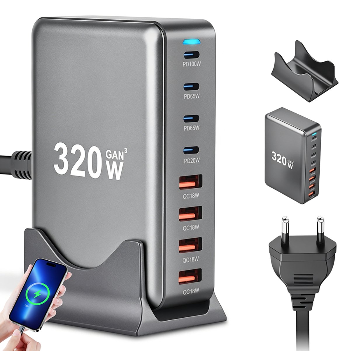 GaN3 snellader - 320W - Galliumnitride multiport USB-lader - 4 USB-poorten - 4 USB-C-poorten - Ondersteunt QC- en PD-snelladen - Snellader - Geschikt voor laptops en telefoons - Desktoplader - ABS - Zwart