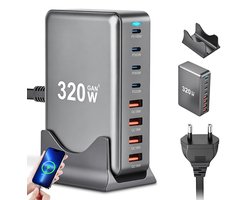 GaN3 snellader – 320W – Galliumnitride multiport USB-lader – 4 USB-poorten – 4 USB-C-poorten – Ondersteunt QC- en PD-snelladen – Snellader – Geschikt voor laptops en telefoons – Desktoplader – ABS – Zwart