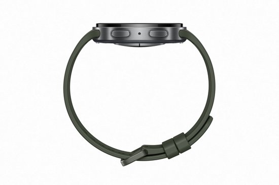 Zijaanzicht van een Samsung Galaxy Watch9 met donkergroen bandje.