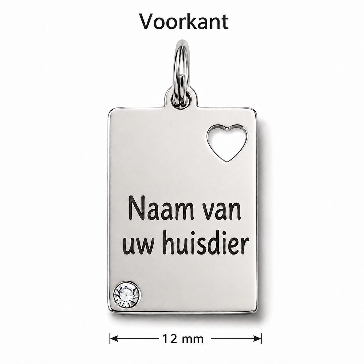 Gepersonaliseerde Hondenpenning Vierkant / Rechthoekig met Hartje en Strass Steentje - Kattenpenning / Huisdierpenning - Gegraveerde RVS ID-tag met naam, telefoonnummer en adres - Dubbelzijdig naamplaatje - Zilver - 12 mm