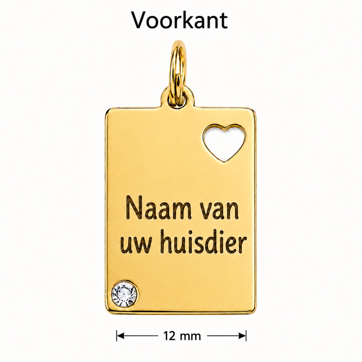 Gepersonaliseerde Hondenpenning Rechthoekig met Hartje en Strass Steentje - Kattenpenning / Huisdierpenning - Gegraveerde RVS ID-tag met naam, telefoonnummer en adres - Dubbelzijdig naamplaatje - Goud - 12 mm