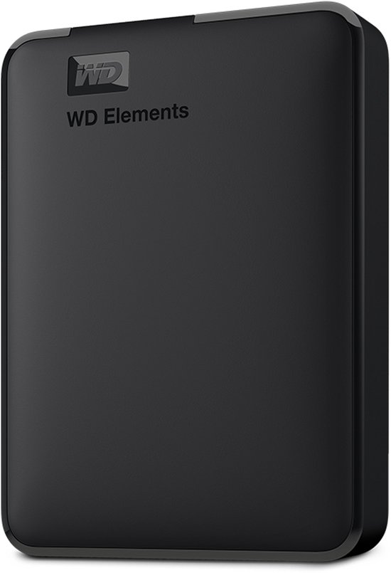 Zwarte WD Elements externe harde schijf met grijze randen.