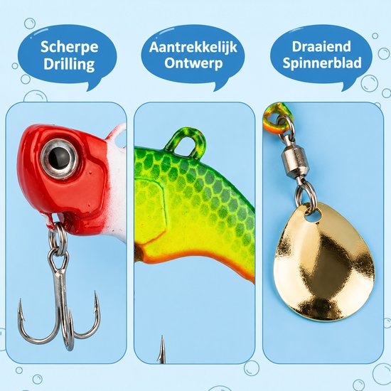 Set kunstaas voor baars - inclusief 5 spinners en een opbergdoos - geschikt voor snoekbaars en forel - rubberen visjes - geschikt voor zoet- en zoutwatervissen — afbeelding 3
