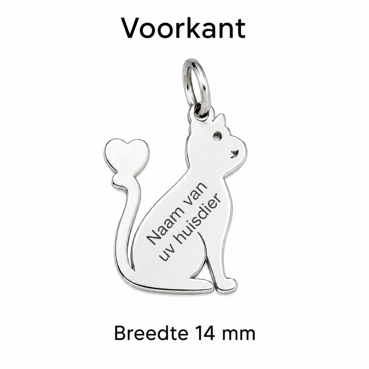 Gepersonaliseerde Kattenpenning Katvorm met Hartstaart - Hondenpenning / Huisdierpenning - Gegraveerde RVS ID-tag met naam, telefoonnummer en adres - Dubbelzijdig naamplaatje - Zilver - 14 mm
